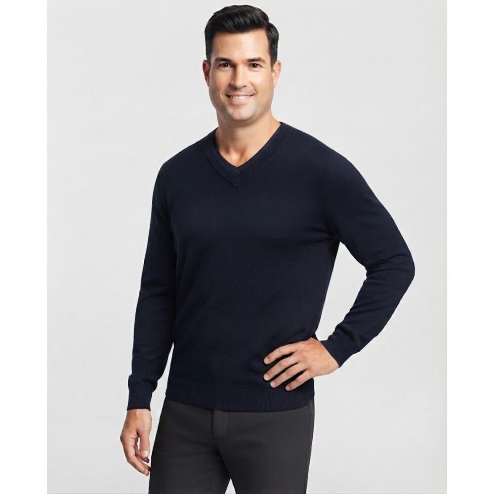 Alfani Sweater Men's L navy blue Long-Sleeve V-Neck Merino Wool Blend Classic